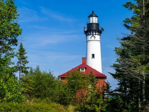 Michigan lighthouse au sable lighthouse lighthouse with blue sky Stock Photos