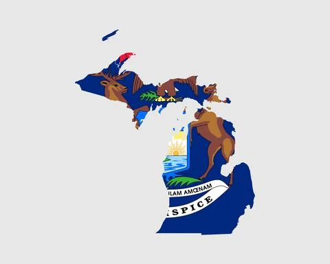 Michigan Map Flag. Map of MI, USA with the state flag. 库存插图