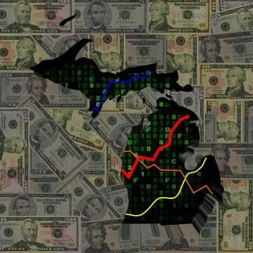 Michigan map with hex code and graphs on dollars illustration Stock Illustration