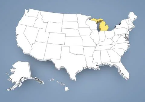 Michigan, mi, highlighted on a contour map of usa, united states of america,  Illustrazione stock