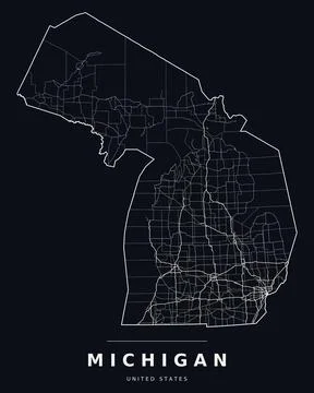 Michigan MI Map Counties Highways Roads Dark Mode Editable Vector Stock Illustration