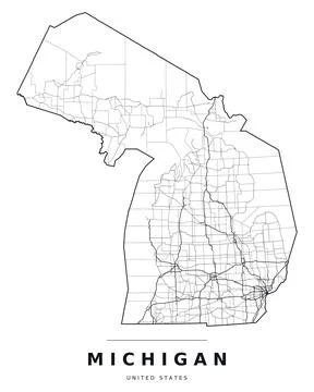 Michigan MI Map Counties Highways Roads Black White Editable Vector Stock Illustration