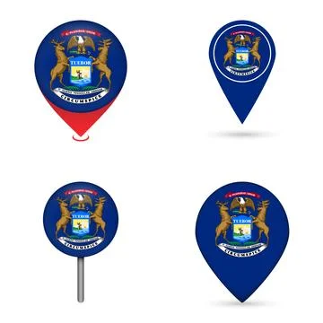 Michigan State Flag Map Pin Icons Set Collection Stock Illustration