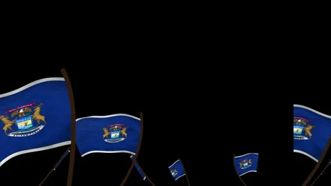 Michigan State Flags Waving Crowd. Realistic 4K 60fps Seamless Loop Stock Footage 338406001