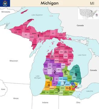 Michigan state map with counties borders and congressional districts Stock Illustration