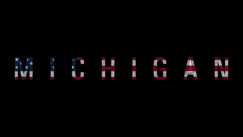 Michigan text with american flag texture animation on black background Stock Footage 317695037