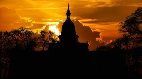 Michigan: Time Lapse at Sunset with Red Sun, Fiery Sky, State Capitol Building Stock Footage 141581478