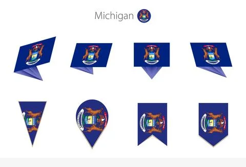 Michigan US State flag collection, eight versions of Michigan vector flags. Stock Illustration