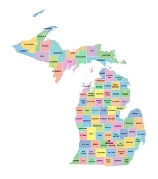 Michigan, U.S. state, subdivided into 83 counties, multi colored map Stock-Illustration