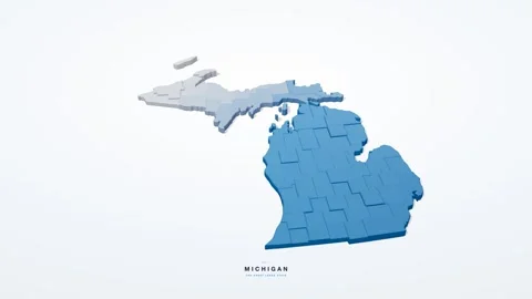 Michigan USA 3D isometric state map with county borders rotating on a clean Stock Footage 340404558