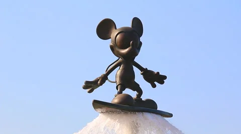 Mickey Mouse Statue On Surfboard Is Cute The Fountain (repeat) Stock Footage 50231605