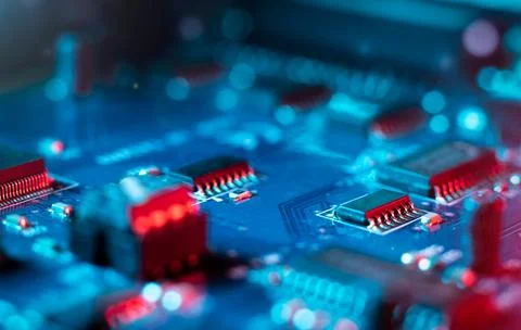 Micro chip - Electronic integrated circuit board PCB close up 스톡 사진