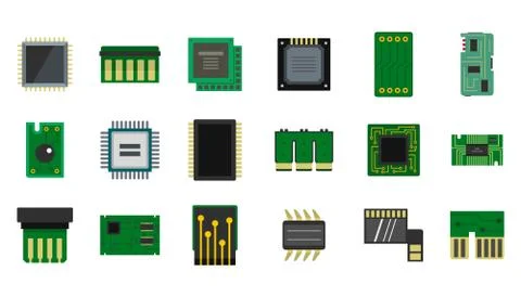 Micro chip icon set, flat style 스톡 일러스트