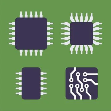 Micro Chip Processor Icons Set. CPU Electronic Component. Vector Stock Illustration