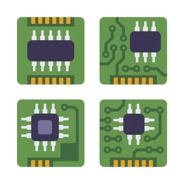 Micro Chip Processor Icons Set. CPU Electronic Component. Vector Stock Illustration