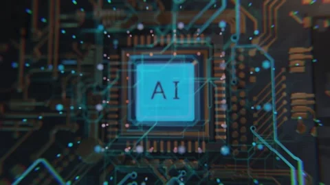 Micro Chip Processor with integrated AI on computer circuitboard Stock Footage 267222691