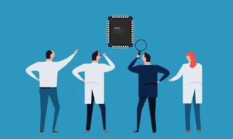 Micro chip research semiconductor engineering technology team working on Illustrazione stock