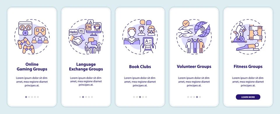 Micro communities examples onboarding mobile app screen Illustrazione stock