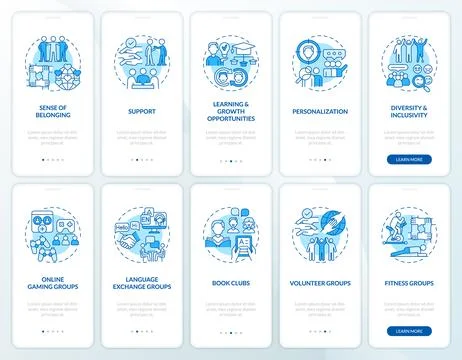 Micro community blue onboarding mobile app screen set Stock-Illustration