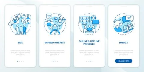 Micro community features blue onboarding mobile app screen Stock Illustration