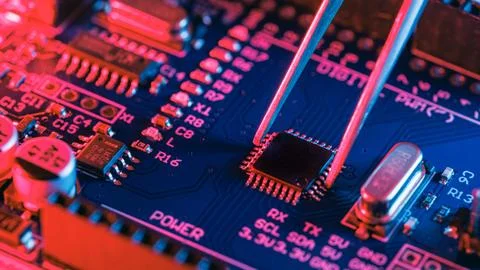 Micro Controller Chip. Close up Small AI CPU Processor Unit. Microprocessor.. Stock Photos