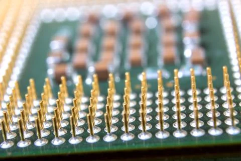 The micro elements of computer central processor unit, CPU contact pins Stock Photos