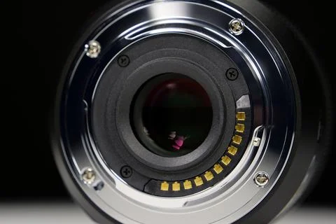 Micro Four Thirds MFT macro lens mount showing mount details on black backdro Stock Photos