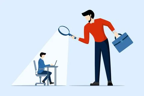 Micro manager boss using magnifying glass watching employee work Stock Illustration