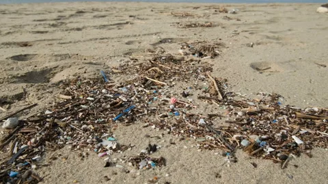 Micro Plastic particles waste on ocean sea coast,polluted beach ecosystem 4k Stock Footage 145493806