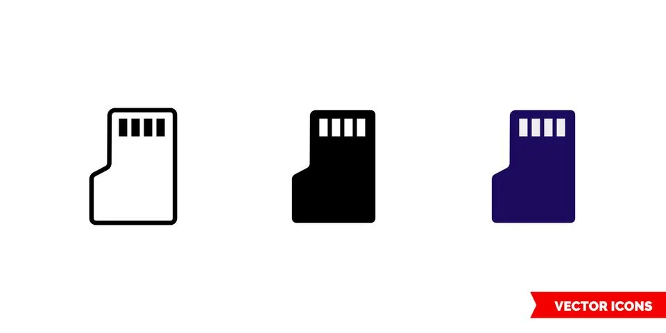 Micro SD card icon of 3 types color, black and white, outline. Isolated vecto Stock Illustration