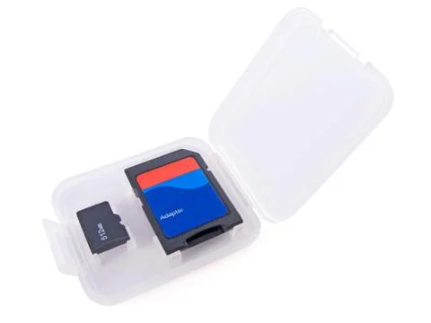 Micro sd memory card and its adapter in a box Stock Photos