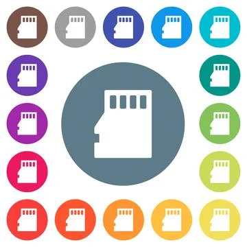 Micro SD memory card flat white icons on round color backgrounds Stock Illustration