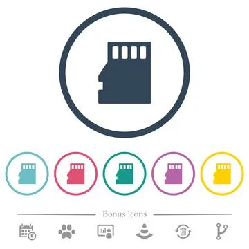 Micro SD memory card flat color icons in round outlines Stock Illustration