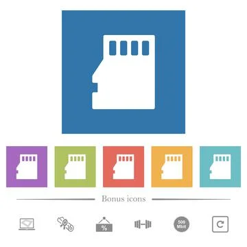 Micro SD memory card flat white icons in square backgrounds Stock Illustration