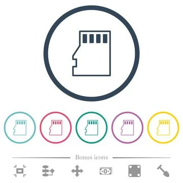 Micro SD memory card outline flat color icons in round outlines Stock Illustration