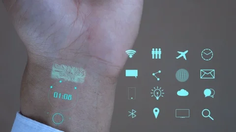 Micro ship scanning on hand and digital data hologram Stock Footage 104003347