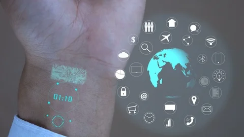 Micro ship scanning on hand and digital data hologram for security system. Stock Footage 104268230