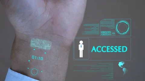 Micro ship scanning on hand and digital data hologram for security system. Stock Footage 104268237