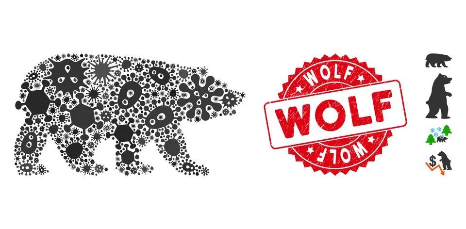 Microbe Collage Bear Icon with Textured Round Wolf Seal イラスト素材