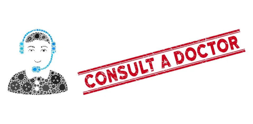 Microbe Collage Call Center Operator Icon and Scratched Consult a Doctor Stamp 스톡 일러스트