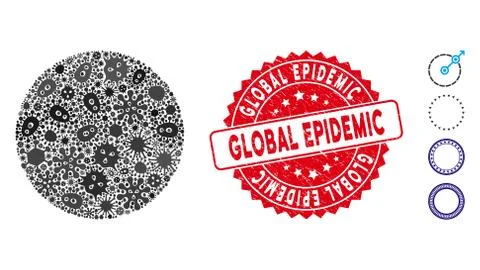 Microbe Collage Circle Icon with Distress Round Global Epidemic Stamp Illustrazione stock