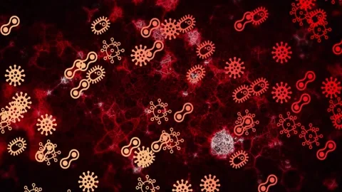 Microbe icons entering from right clustering over red web, surrounding white Stock Footage 333833116