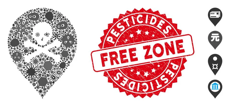 Microbe Mosaic Death Map Marker Icon with Distress Round Pesticides Free Zone 库存插图