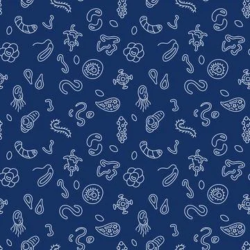 Microbes Bioengineering vector concept line blue seamless pattern 스톡 일러스트