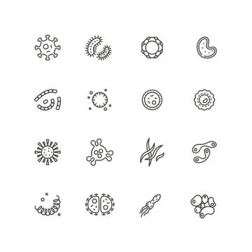 Microbes, virus and pathogen line icons. Bacteriology hygiene and infection Stock Illustration