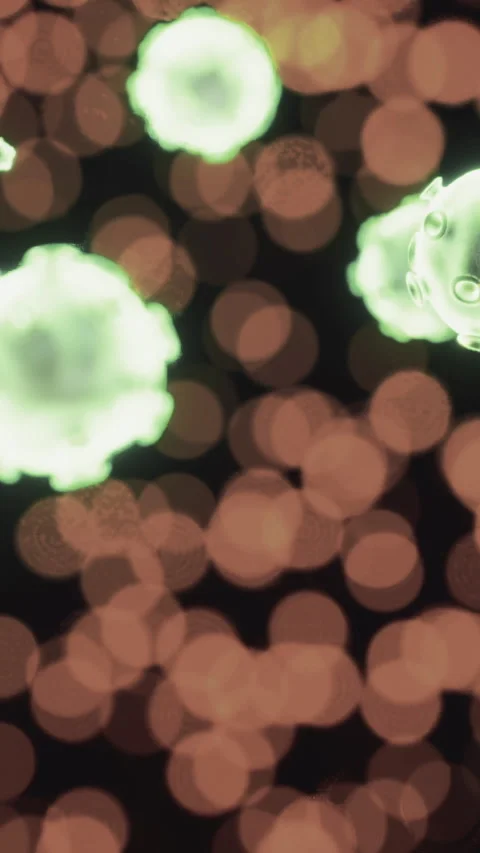 Microbial cells glowing in dark space with blurred colorful background Stock Footage 336173101