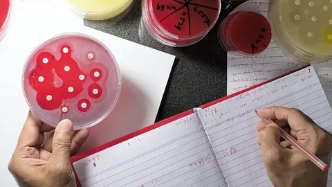 Microbiologist check antibiotic susceptibility and write down Video stock 337723649