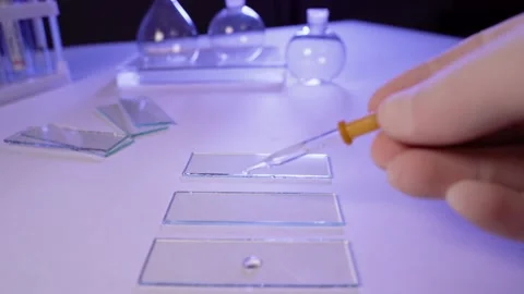 Microbiologist or medical worker examining of liquid on the test glass sample on Stock Footage 132360838