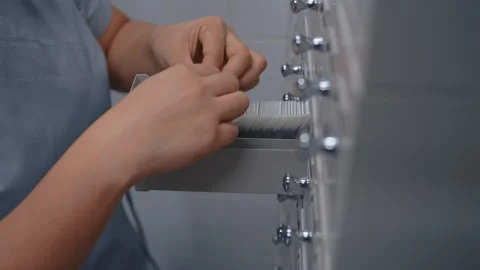 Microbiologist takes sample with blood test from medical storage cabinet Stock Footage 263926993