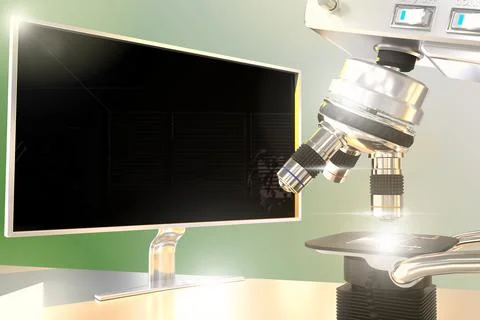 Microbiology study concept, lab microscope and monitor Stock Illustration